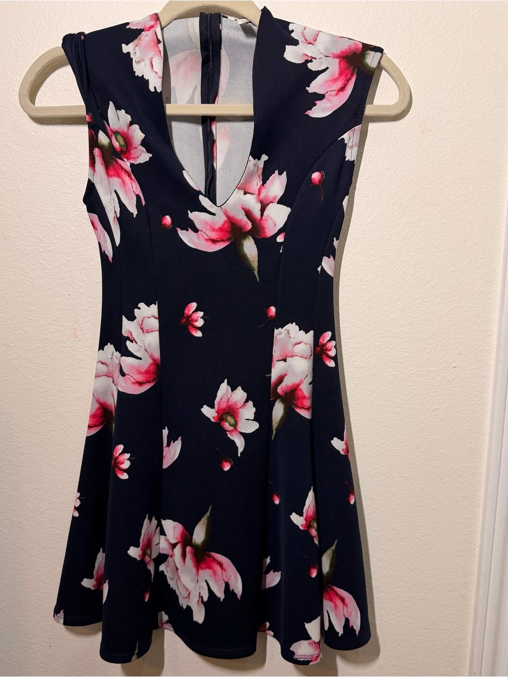 Sleeveless Navy Mini Dress with Pink Floral Print